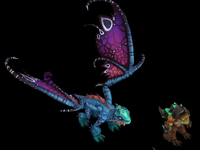 Game Movie Characters Blue Dragon with Purple Pink Wing Patterns and Brown Green Horned Creature 3d model