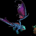 Game Movie Characters Blue Dragon with Purple Pink Wing Patterns and Brown Green Horned Creature