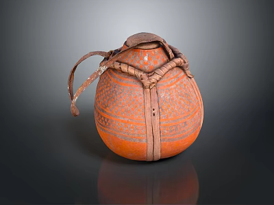 Traditional Handmade Orange Storage Container With Woven Patterns Round Shape And Leather Straps 3d model