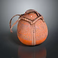 Traditional Handmade Orange Storage Container With Woven Patterns Round Shape And Leather Straps