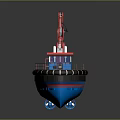 Colorful Model Boat With Red Crane Blue Hull Wooden Deck Small Flag And Cabin
