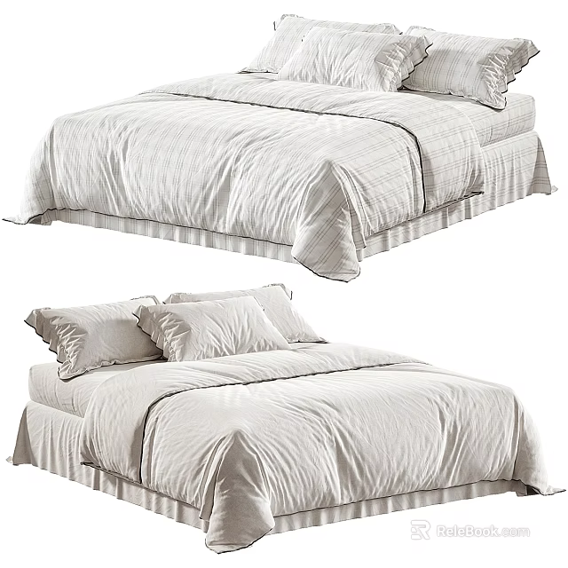 Double Bed with White Striped Bedding and Multiple Pillows in Modern Style 3d model 