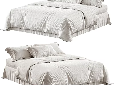 Double Bed with White Striped Bedding and Multiple Pillows in Modern Style 3d model