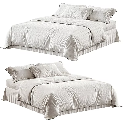 Double Bed with White Striped Bedding and Multiple Pillows in Modern Style 3d model
