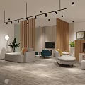 Modern Interior Space With Bookshelves Plants Bar Counter Hanging Lights And White Chairs