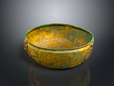 Ancient Bronze Sculptural Bowl With Green Gold Patina And Decorative Handles 3d model