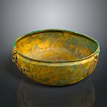 Ancient Bronze Sculptural Bowl With Green Gold Patina And Decorative Handles