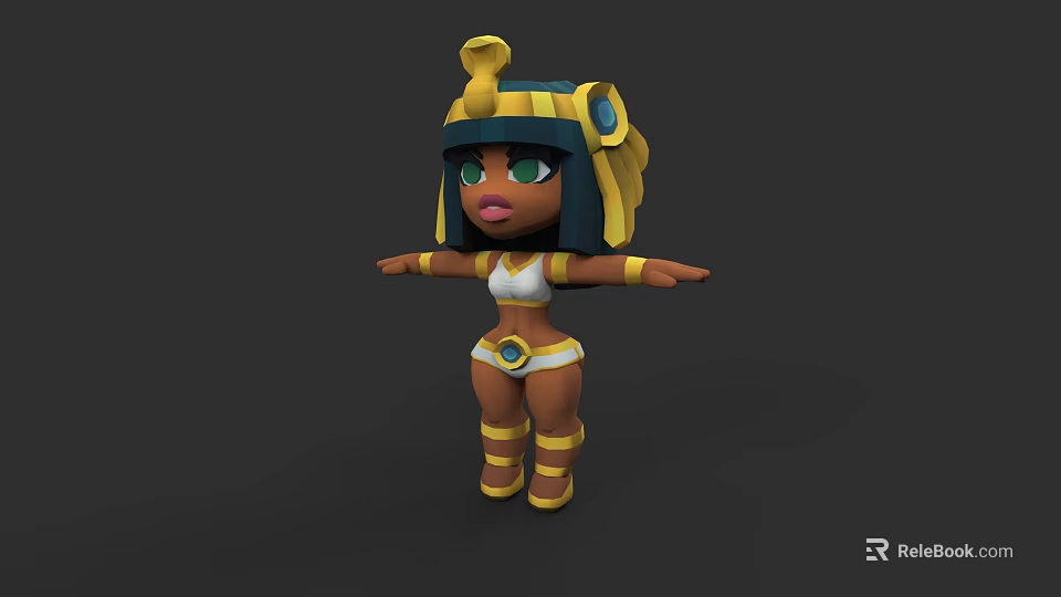 Cute Egyptian Style Cartoon Game Movie Character With Golden Headdress And Green Eyes 3d model 