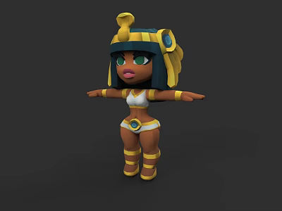 Cute Egyptian Style Cartoon Game Movie Character With Golden Headdress And Green Eyes 3d model