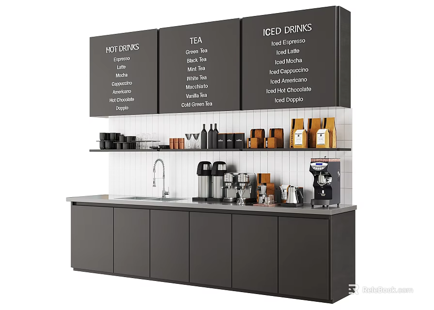 Café Bar Interior With Menu Board Hot Drinks Tea Iced Drinks Coffee Machines And Cabinets 3d model 