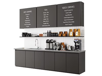 Café Bar Interior With Menu Board Hot Drinks Tea Iced Drinks Coffee Machines And Cabinets 3d model