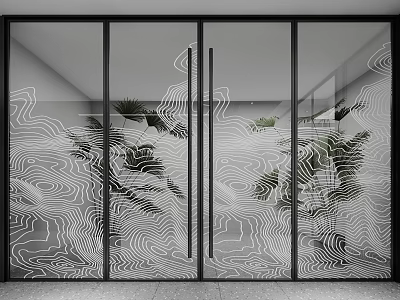 Modern Glass Door With Abstract Line Pattern And Green Plants Behind 3d model