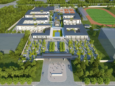 Spacious Modern School Campus With Green Playground Trees Parking Area And Entrance Square 3d model
