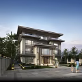 Luxury Modern Detached Villa Exterior with Stone Facade Large Windows Greenery and People Walking