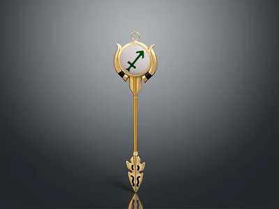 Golden Weapon Scepter With Circular Top Green Arrow Symbol And Ornate Bottom Design 3d model