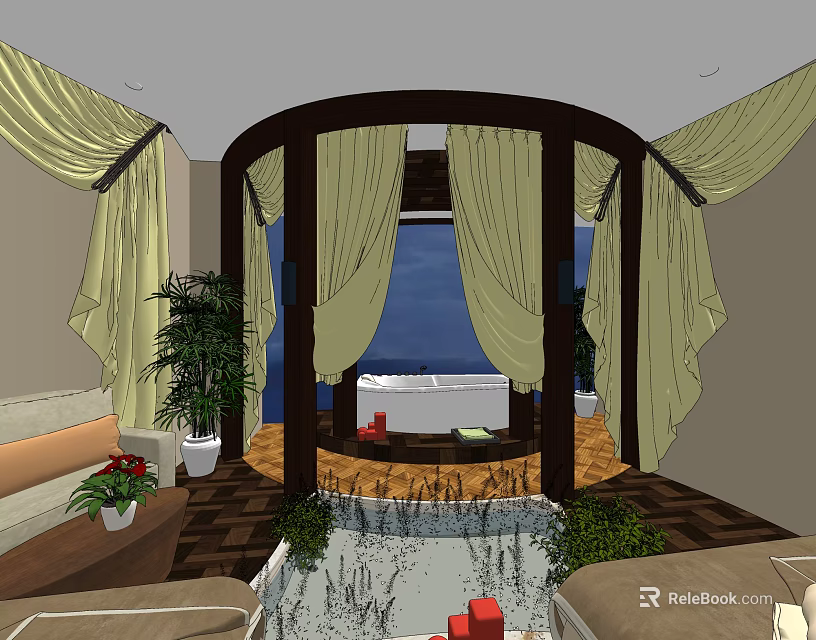 Elegant SPA Sauna Interior With Light Curtains Bathtub Potted Plants And Wooden Floor 3d model 