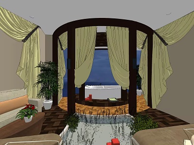 Elegant SPA Sauna Interior With Light Curtains Bathtub Potted Plants And Wooden Floor 3d model
