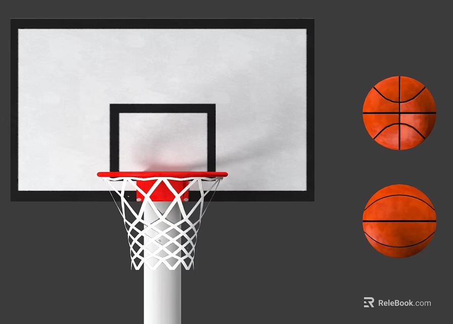 Basketball Gym Interior With Backboard Red Hoop White Net And Two Basketballs 3d model 