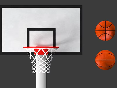 Basketball Gym Interior With Backboard Red Hoop White Net And Two Basketballs 3d model