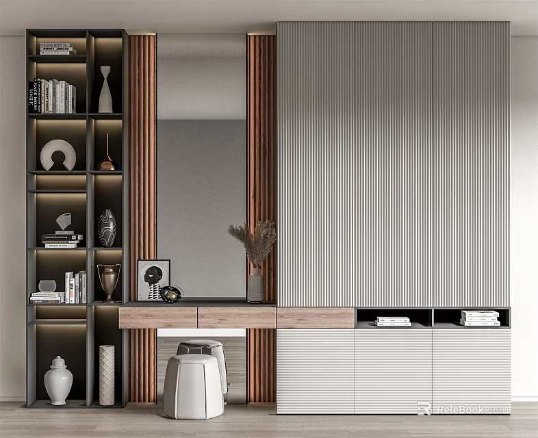 Modern Wardrobe Interior With Gray Ribbed Panels Wooden Accents Mirror Storage Drawers And Decorative Items 3d model 