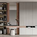 Modern Wardrobe Interior With Gray Ribbed Panels Wooden Accents Mirror Storage Drawers And Decorative Items