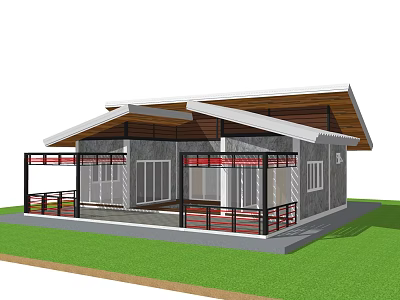 Modern Single Story House With Gray Exterior Wooden Roof And Red Railings Balcony 3d model