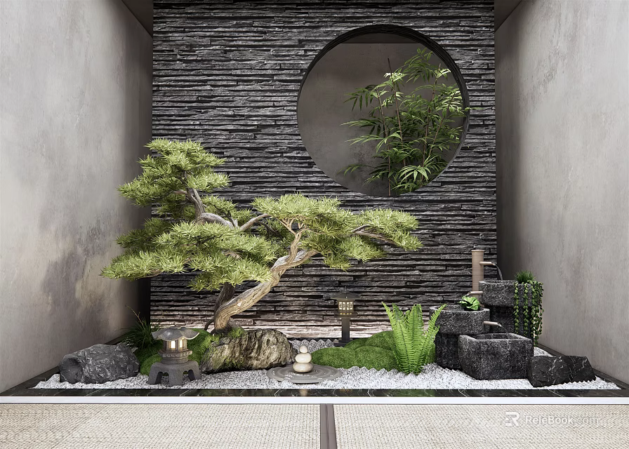 Traditional Chinese Stone Feature Wall With Circular Window And Bonsai Pine Tree 3d model