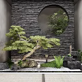 Traditional Chinese Stone Feature Wall With Circular Window And Bonsai Pine Tree 3d model