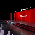 Event Venue Layout With Red Backdrop And Arranged White Seating Areas 3d model