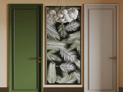 Green and Light Gray Hinged Doors with Palm Leaf Pattern and Golden Handles 3d model