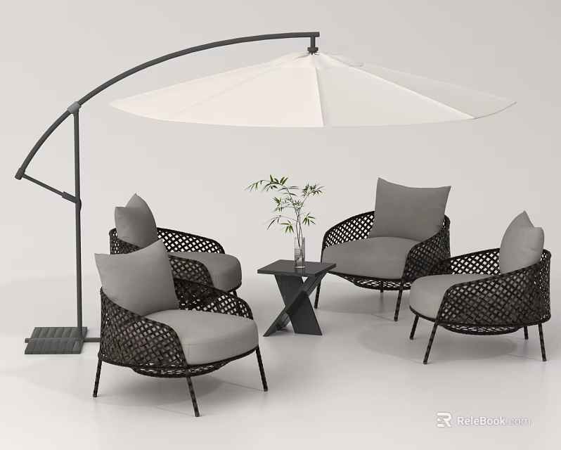 Stylish Outdoor Wicker Sofa Set with Umbrella Side Table Green Plant and Comfortable Gray Cushions 3d model 