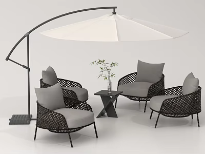 Stylish Outdoor Wicker Sofa Set with Umbrella Side Table Green Plant and Comfortable Gray Cushions 3d model