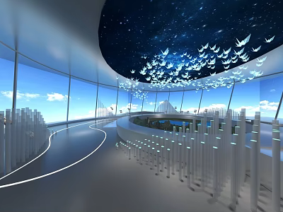 Modern Curved Interior Space Featuring Starry Sky Ceiling White Bird Decorations And City View 3d model