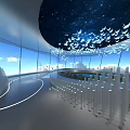 Modern Curved Interior Space Featuring Starry Sky Ceiling White Bird Decorations And City View