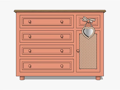 Orange Chest of Drawers with Multiple Drawers Mesh Door and Heart Shaped Bow Decoration 3d model
