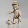 Wooden Bear Doll With Hat Holding Carved Rabbit Puppet And Detailed Craft Design