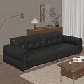 Modern Black Leather Leisure Sofa Set With Wooden Sideboard Table Lamp And Floor Lamp