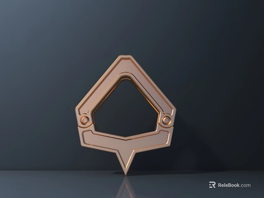 Golden Metallic Sculpture Diamond Shaped Frame With Pointed Base Circular Accents On Dark Reflective Background 3d model 