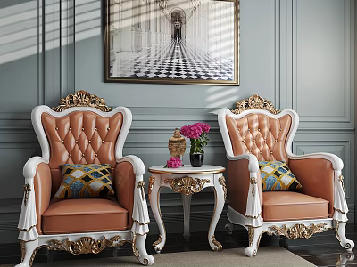 Cozy Orange White Leisure Armchair Set With Gold Accents Carved Details Side Table Flowers 3d model