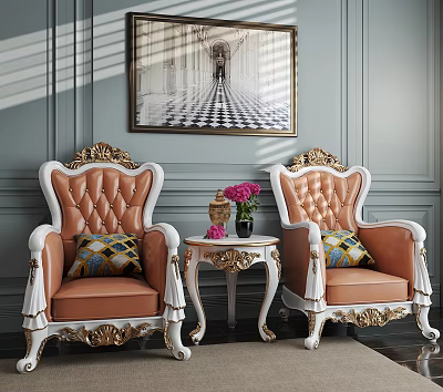Cozy Orange White Leisure Armchair Set With Gold Accents Carved Details Side Table Flowers 3d model