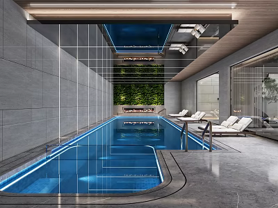 Modern Indoor Swimming Pool Area With Loungers Green Wall And Lights 3d model