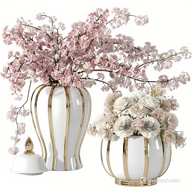 Pink Cherry Blossoms and Beige Roses in White Gold Striped Vases for Home Decor 3d model 