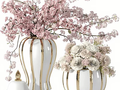 Pink Cherry Blossoms and Beige Roses in White Gold Striped Vases for Home Decor 3d model