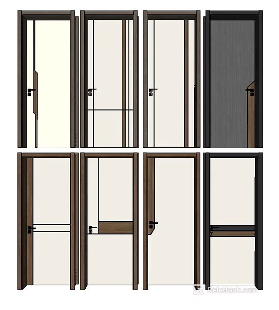 Various Modern Hinged Doors With Different Frame Styles And Glass Panels 3d model