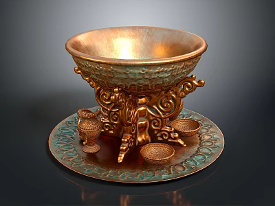 Copper Hardware Tool Bowl With Carved Base And Decorative Stand Plate 3d model