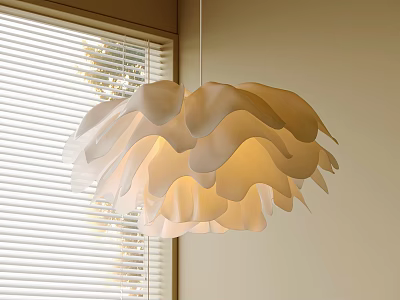 Cream Colored Petal Shaped Pendant Light With Warm Yellow Glow Over Window Blinds 3d model