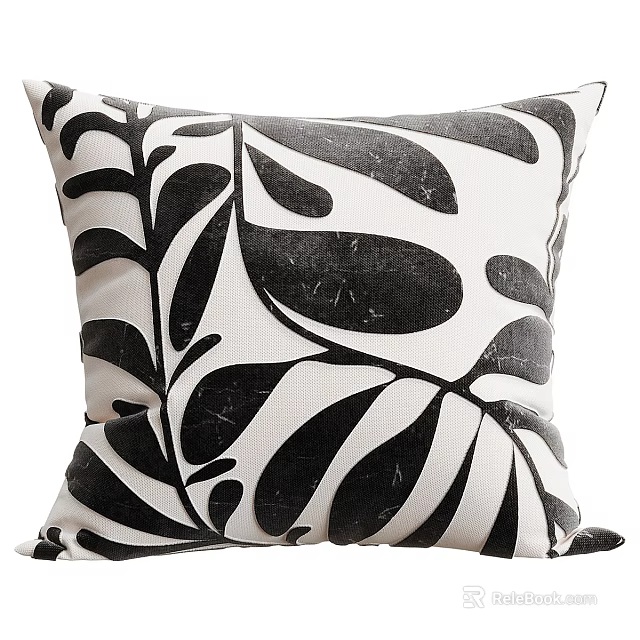 Black and White Leaf Pattern Linen Throw Pillow with Soft Texture for Modern Home Decor 3d model 