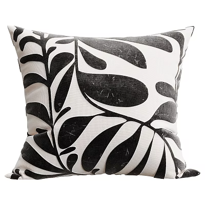 Black and White Leaf Pattern Linen Throw Pillow with Soft Texture for Modern Home Decor 3d model
