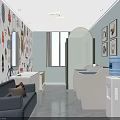 Cheerful Children's Activity Room With Cartoon Wall Decor Sofa Washbasins And Water Dispenser