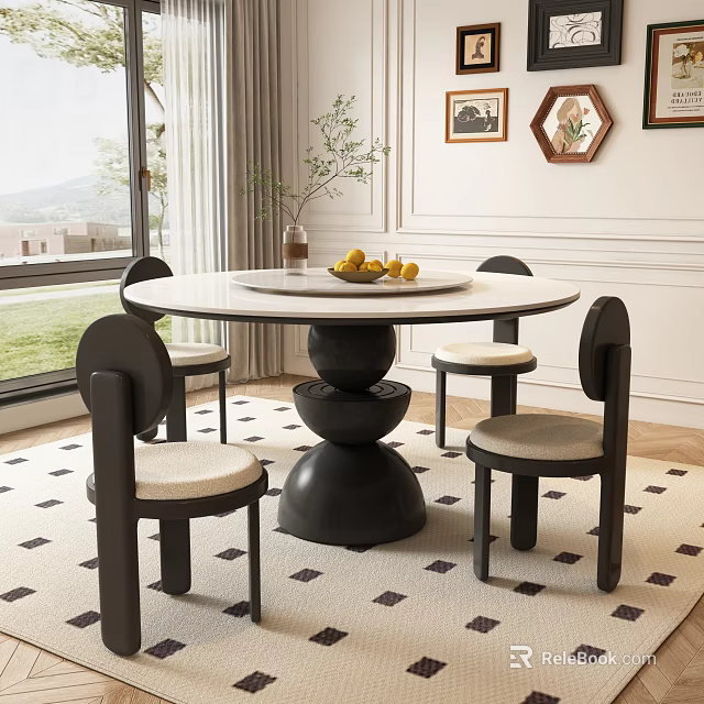 Modern Restaurant Dining Area Featuring Round White Tabletop Black Base Chairs Mountain View Window 3d model 
